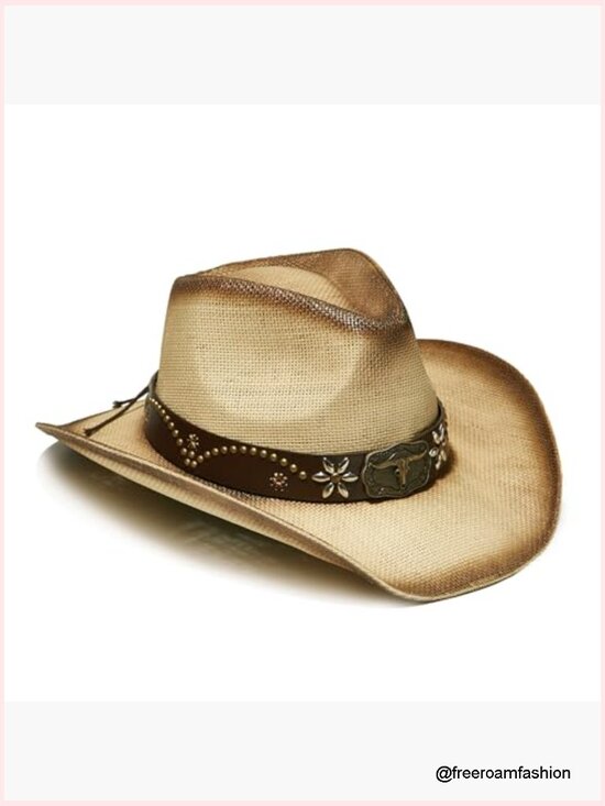 Unisex Wide Brim Raffia Cowboy Hat with Decorative Band Sun Hat
